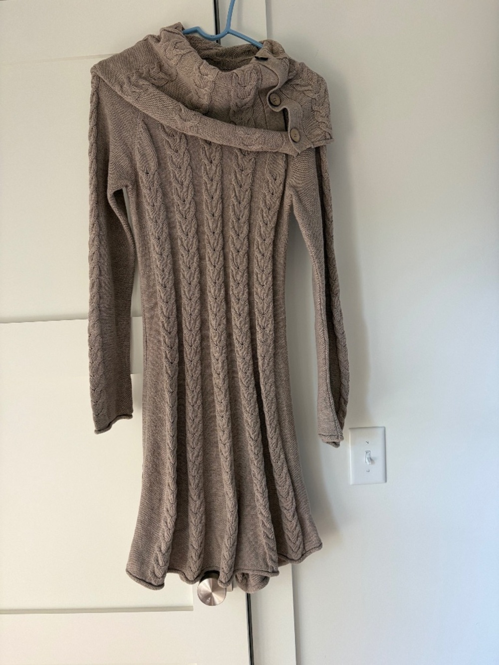 Cable Knit Sweater Dress Taupe Cowl Neck Button Detail Fitted